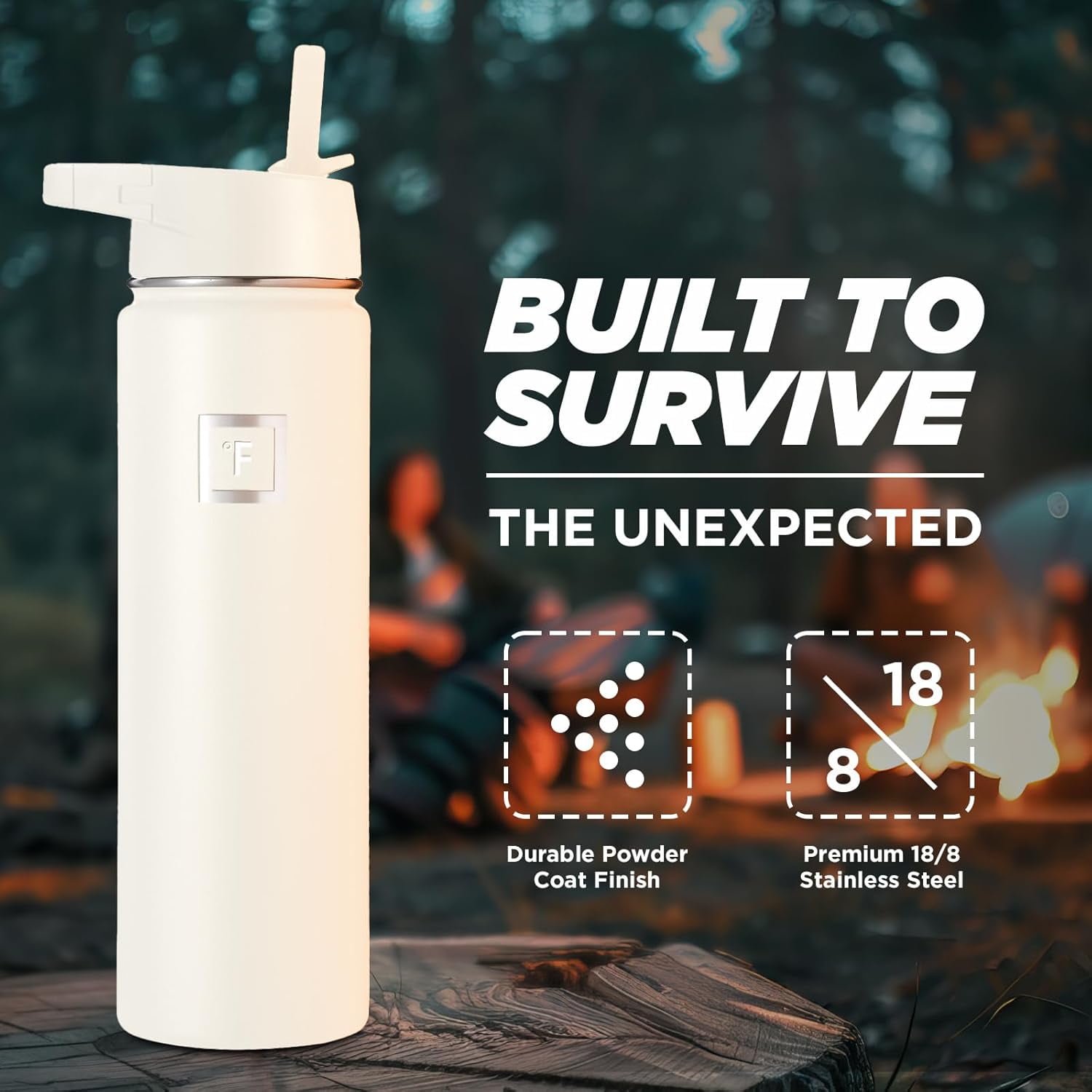 IRON °FLASK Camping & Hiking Hydration Flask, Wide Mouth, 3 Straw Lids, Stainless Steel Outdoor Water Bottle, Double Walled, Insulated Thermos, Metal Canteen - Cashmere Cream, 32 Oz
