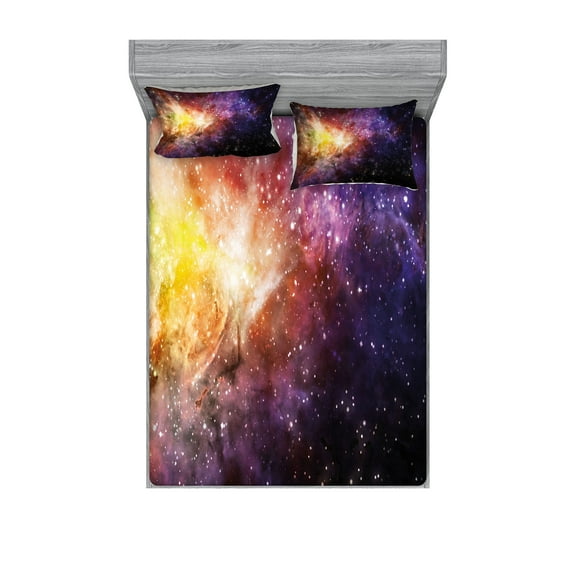 Ambesonne Galaxy Fitted Sheet & Pillow Sham Set, Outer Space Nebula View, Full, Black Purple Yellow