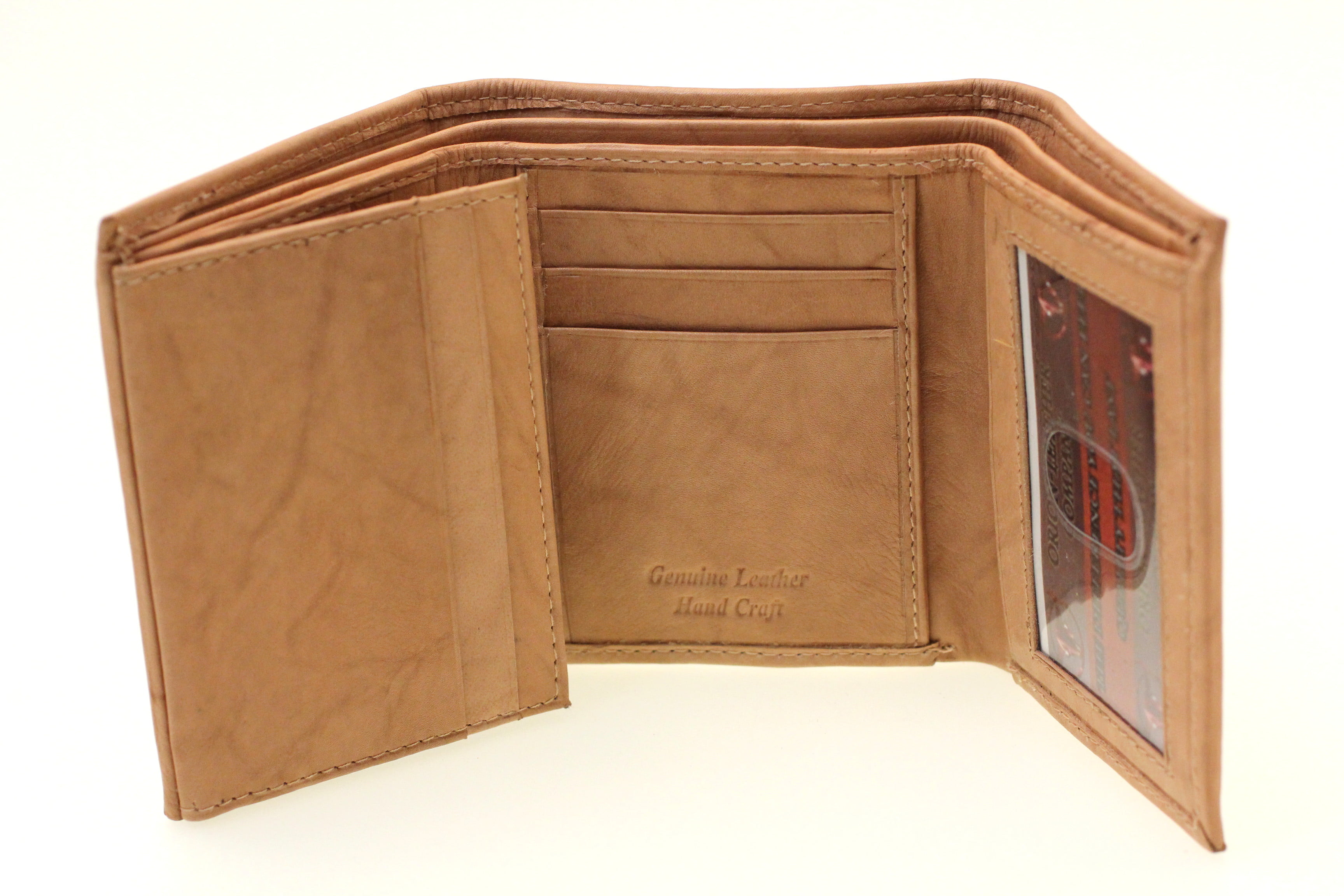 NEW Men Genuine Leather Brown Trifold Wallet w/Center Flap 44 Tri-Fold 