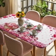 thumbnail image 3 of Valentine's Day Table Cloths for 6 Foot Rectangle Tables, Pink Love Gnomes Roses Romantic Patio Waterproof Elastic Fitted Tablecloths, Washable Rectangular Table Cover for Camping, 3 of 8