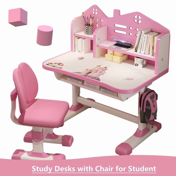 2026 Upgrade Kid Desk and Chair Set, Height Adjustable Kids Functional Desk & Chair Set - Child's School Study Writing Tables (Pink)