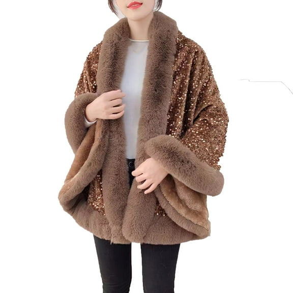QQAMB Women Faux Fur Shawl Wrap Open Front Poncho Cape Sequin Beaded Pashmina Oversized Sweaters Shawl Fall Winter
