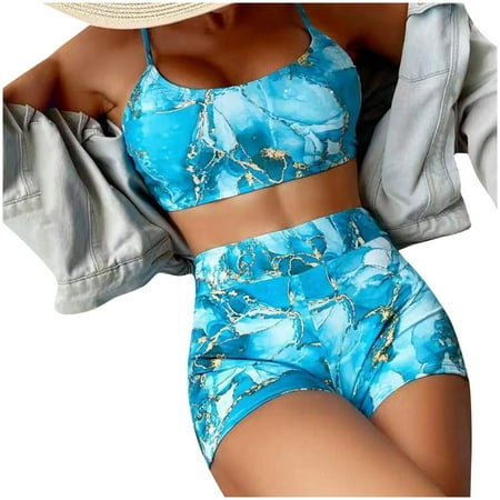 TMOYZQ High Waisted Bikini Sets for Women Scoop Neck Bikini Crop Top Two Piece Swimsuits High Cut Tummy Control Bathing Suits Cheeky Swimwear