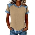 thumbnail image 3 of Craaazy Women's Solid Color Waffle Knit Crewneck Short Sleeve Denim Prints Trim Blouse Loose Fit Casual Top Gifts, 3 of 5