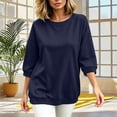 thumbnail image 3 of Stamzod 3/4 Length Sleeve Womens Tops Casual Loose Crewneck Sweatshirt Fall Fashion Dressy Work Blouse Navy L, 3 of 7