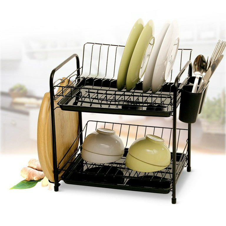 2 Tier Large Dish Drying Rack Drainboard Set for Kitchen Counter, Untyo  Stainless Steel Dish Drainer Rack with Drainer Board with Utensil & Cup  Holder (Black) 