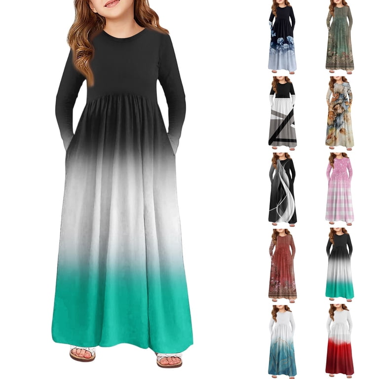 Abcomgle Girls Long Dress Size 14-16 Casual A-Line Long Sleeve Girls Long  Dresses Vintage Floral Print Crew Neck Sundresses Swing Dresses with  Pockets,Blue - Walmart.com