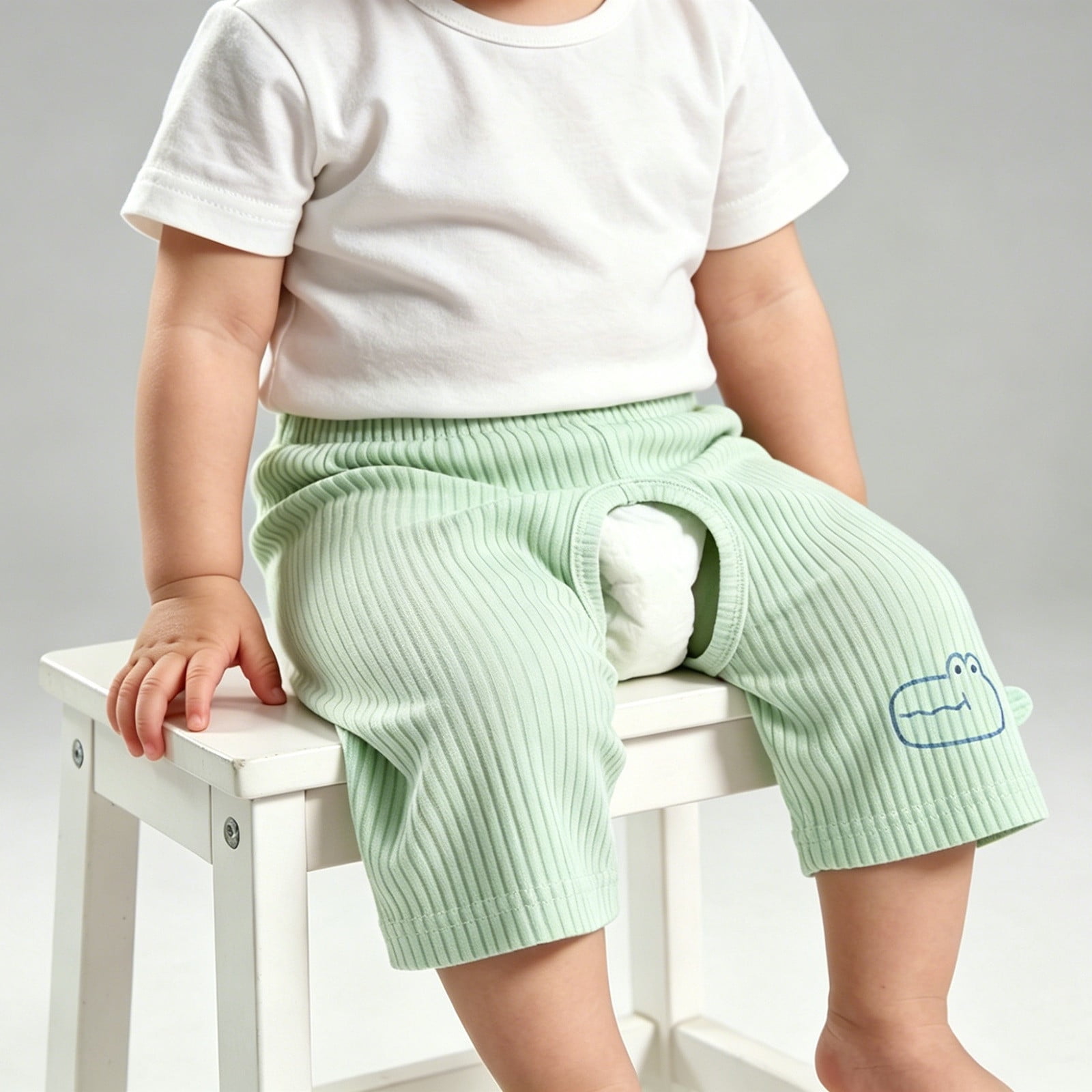 Toddler Baby Ribbed Shorts Open Crotch Potty Training Pants with Cute Graphic Print Breathable Lightweight Elastic Waist Summer Active Shorts for Infant Kids