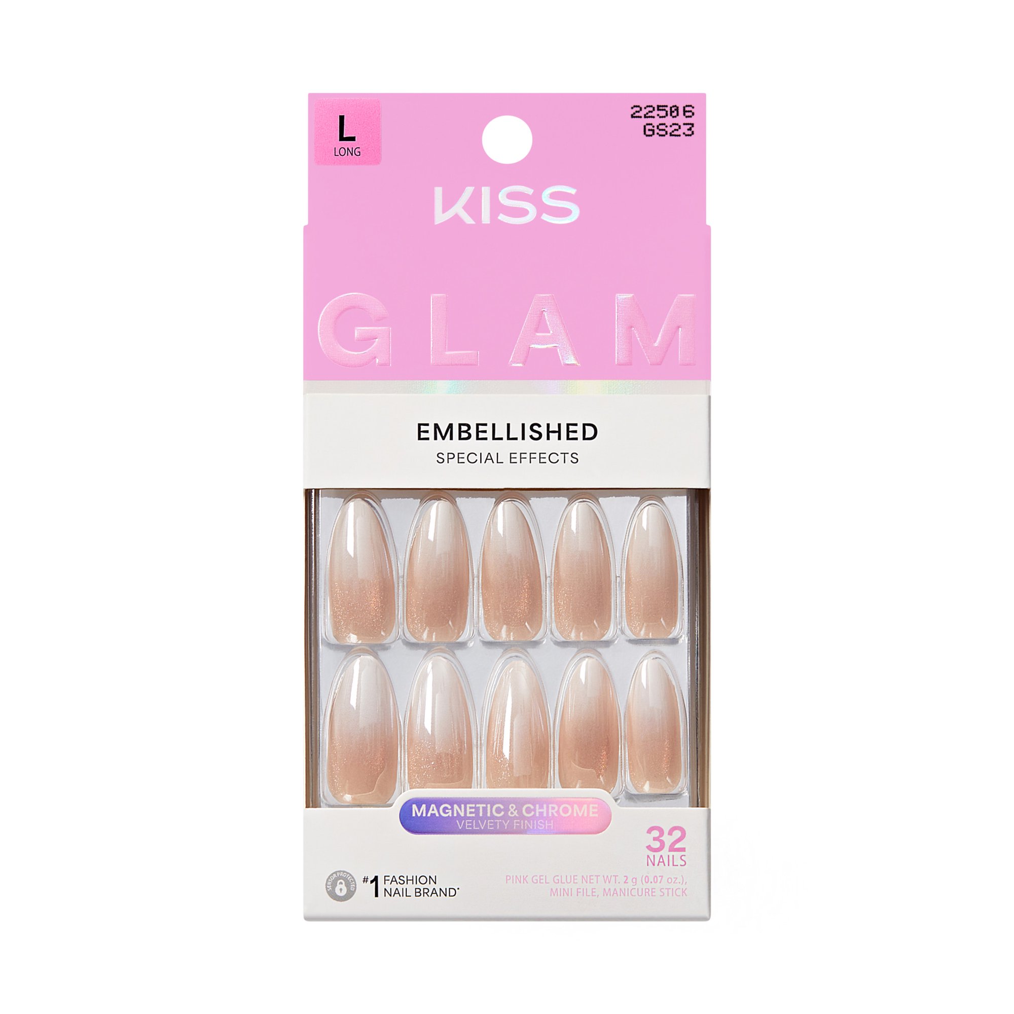Kiss Glam Embellished Long Almond Press-On Nails, Beige, 32 Pieces