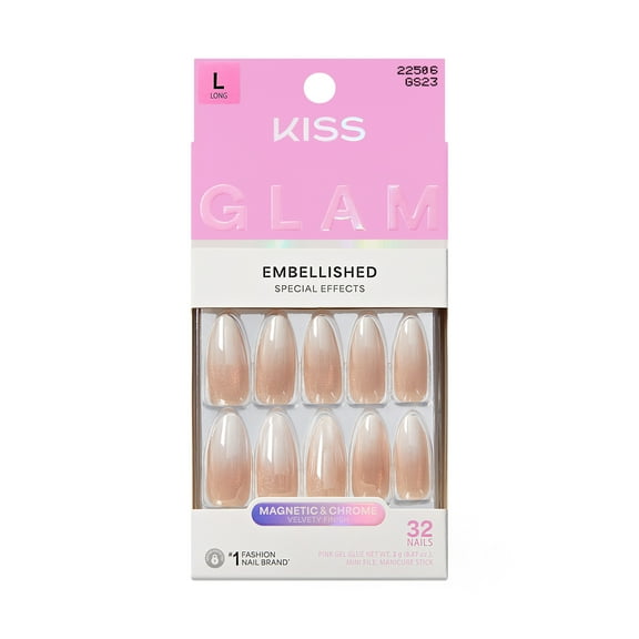 KISS GLAM Embellished Press On Nails Almond, ‘Day n Night’, Beige, Long Length, 32 Count