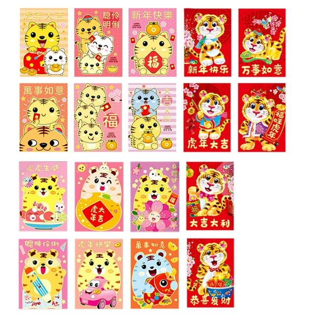 Coofit 2022 Enveloppe Rouge Chinoise de Poche Dessin Animé 18 Pcs Tigre Rouge Enveloppe Argent Porte-Bonheur