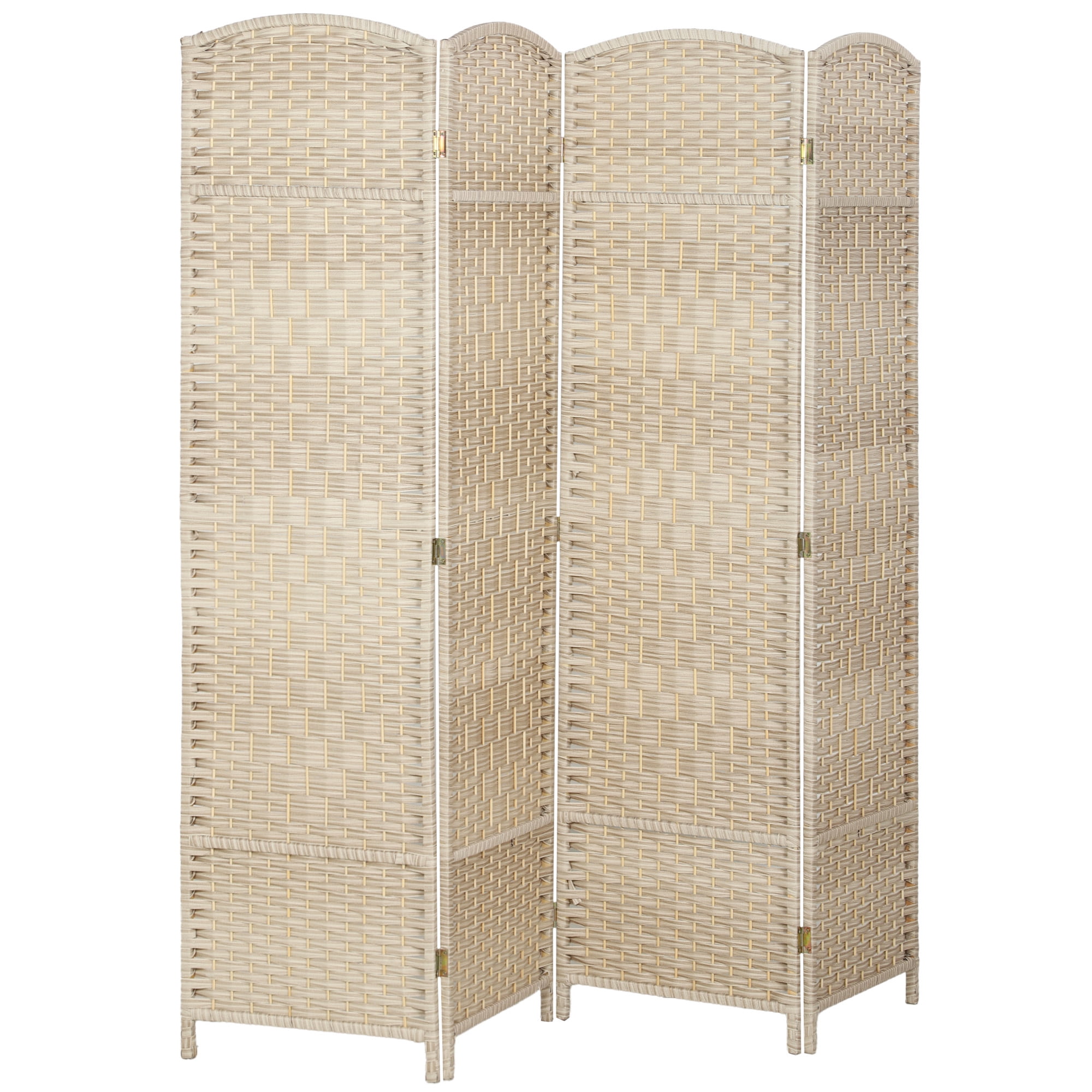 HOMCOM 4 Panel Room Divider, 6' Tall Folding Privacy Screen, Hand-Woven Freestanding Wood Partition for Home Office, Bedroom, Washed Oak