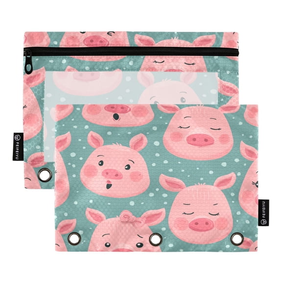 2 Pack 3 Ring Binder Pouch with Clear PVC Window Water Resistant Zipper Pencil Pouch Piggy Moods Pattern Binder Pocket for Classroom Office Home Stationery Organization