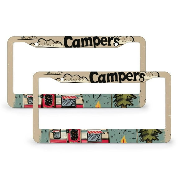 Happy Campers License Plate Cover 2 Pack Camping Camper Gifts Customized Decor Car Tag for Men/Women 2 Hole Aluminum License Plate Frames