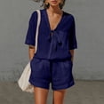 thumbnail image 2 of Bovxnpu Women 2 Piece Loungewear Set Beach Vacation Sweatsuit Tracksuit Set Women's Fashion Casual Short Sleeve Top Pocket Cotton Linen Shorts Outfits Set Summer Outfits, 2 of 9