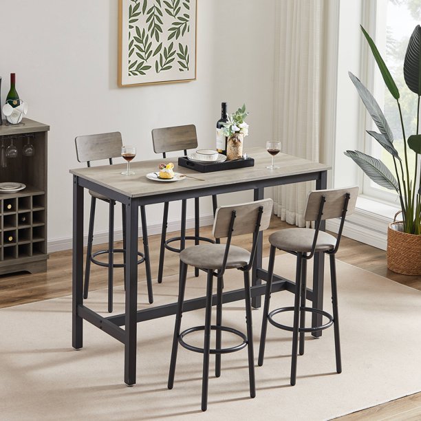 5 Pieces Bar Table Set, Industrial Style Dining Table Set with 4 PU