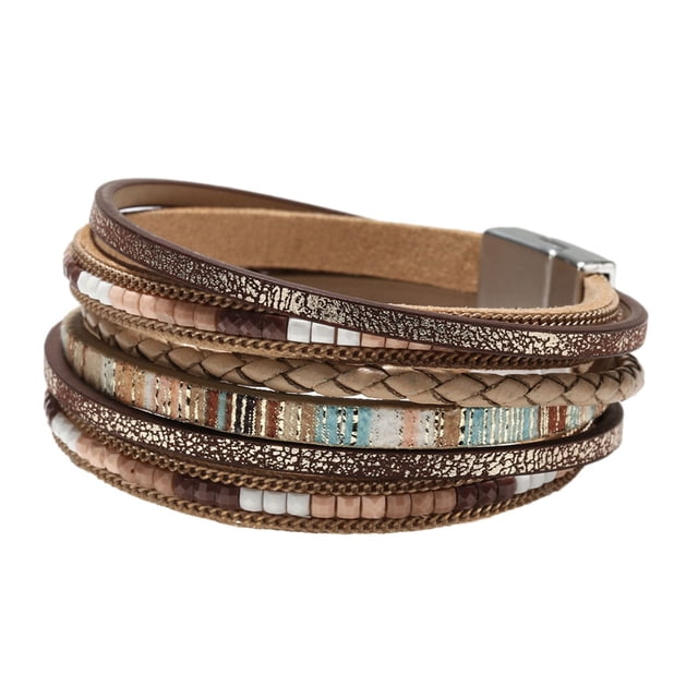 Minnieouse Pulseras de cuero Vintage con cuentas de cristal de leopardo, brazalete hecho a mano, broche bohemio para mujer, color caqui Type3 NO3