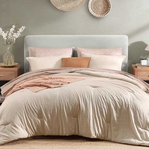 Set de edredón Monbix Queen Beige prelavado, 7 piezas