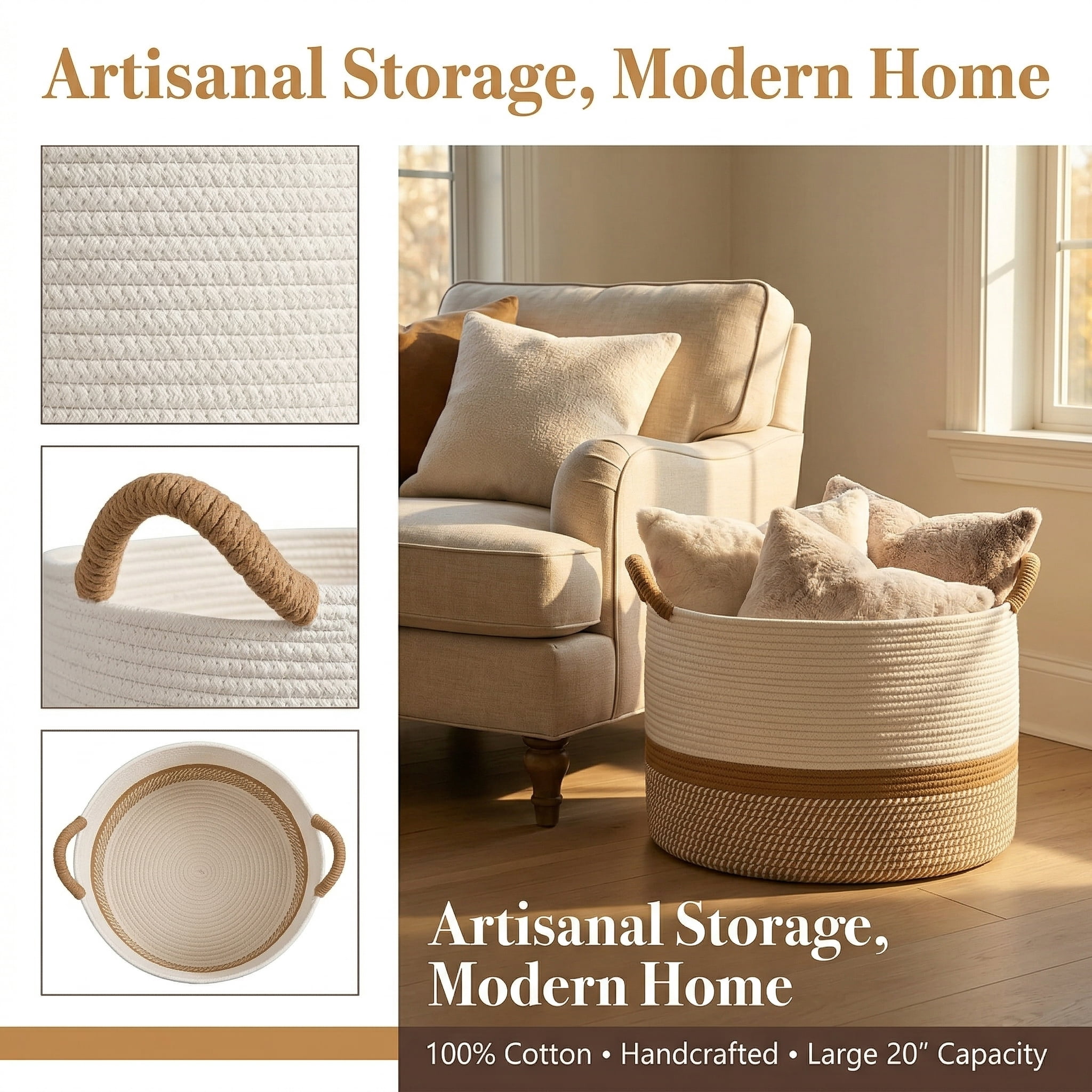 Large Blanket Basket (20"x13"),Cotton Rope Blanket Basket for Living Room, Laundry, Nursery, Pillows,  (White/Brown)