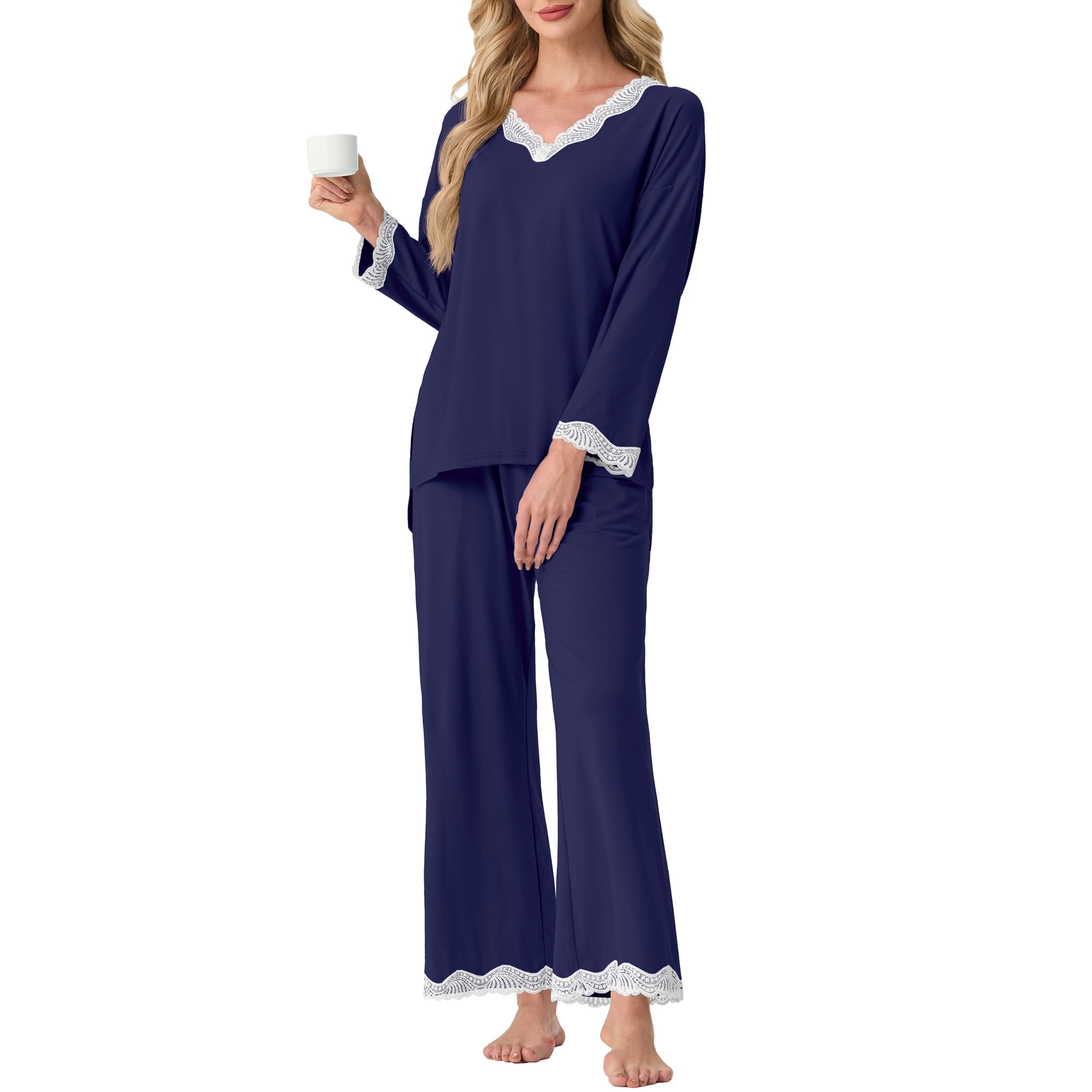 MINTREUS Lace Trim Pajamas for Women Long Sleeve Sleepwear Soft Two Piece Lounge Set with Pockets