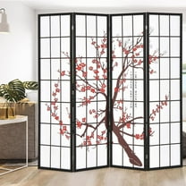 Japanese Style 4 Panel Room Divider, 6ft Folding Shoji Screen Room Partition with Plum Blossom Design, Solid Wood Frame, Freestanding Wall Divider, Indoor Room Separator for Home Office