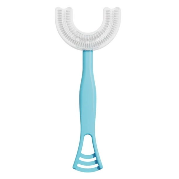Inteprter Cepillo de dientes de bebé de mano de doble cara de silicona de 360 grados cepillo de masaje de limpieza de dientes ergonómico Suministros de limpieza para el hogar azul L
