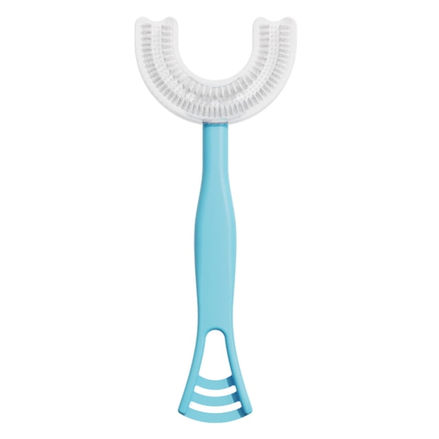 Inteprter Cepillo de dientes de bebé de mano de doble cara de silicona de 360 grados cepillo de masaje de limpieza de dientes ergonómico Suministros de limpieza para el hogar azul L