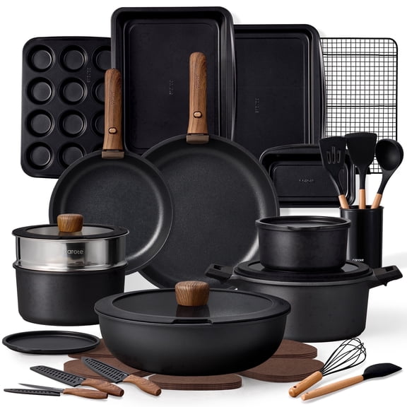 CAROTE 24-Piece Nonstick Cookware Set, Pots and Pans Set with Detachable Handle, Induction Compatible, Oven & Dishwasher Safe, Black