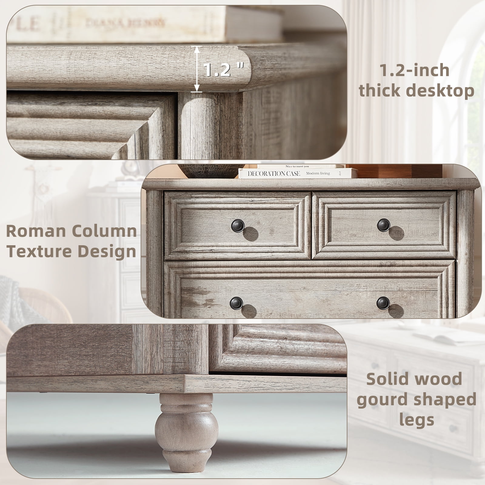 LELELINKY Farmhouse 6 Drawer Dresser, 43.5" Tall Chest of Drawers for Bedroom, Wood Storage Dressers Organizer for Living Room Hallway Closet, Grey