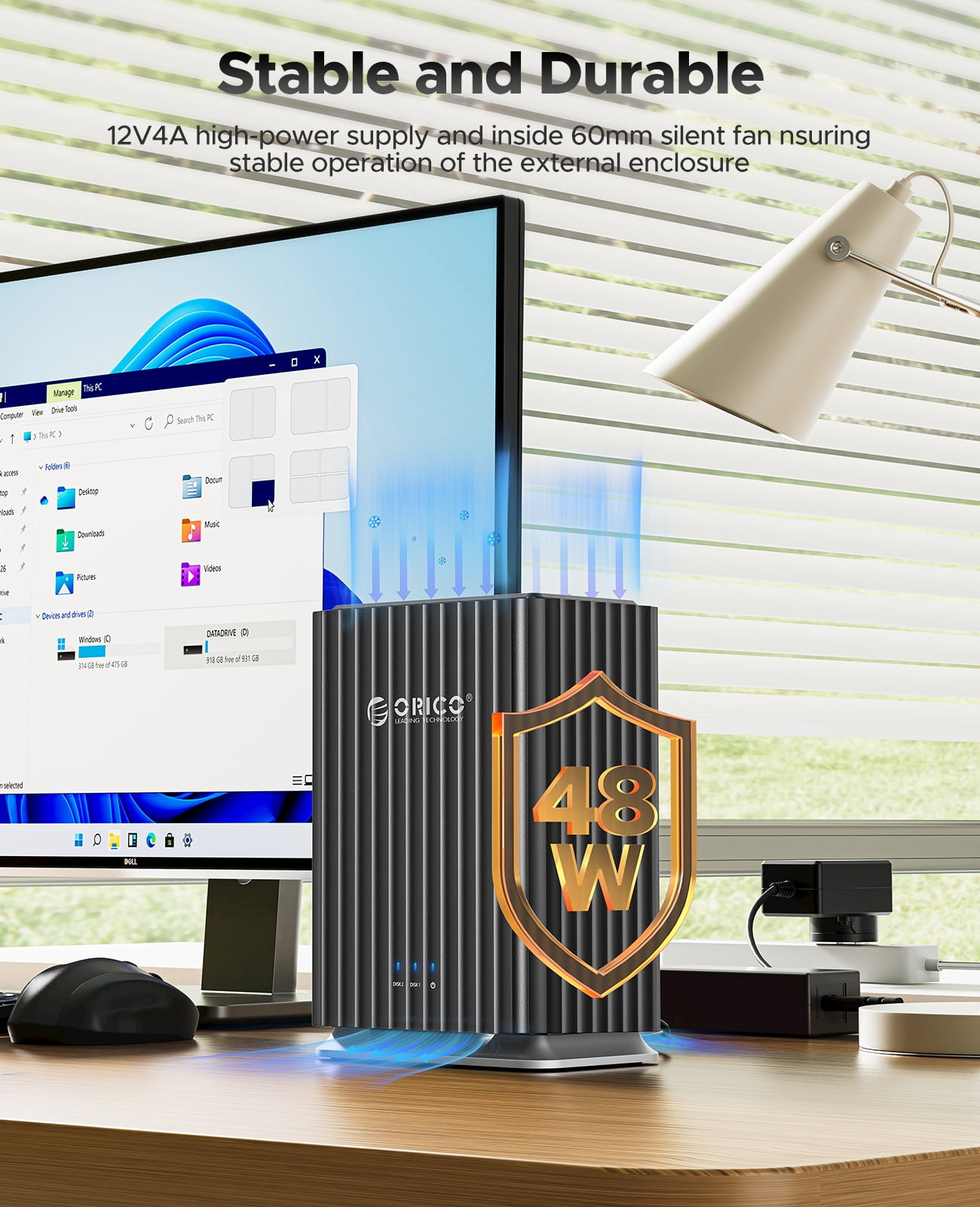 ORICO 2 Bay Hard Drive Enclosure with Cooling Fan for 2.5/3.5" SATA HDD/SSD with 2-in-1 USB C to C/A Cable, 3.5 Hard Drive Reader Supports 44TB Capacity, DAS(NO NAS)
