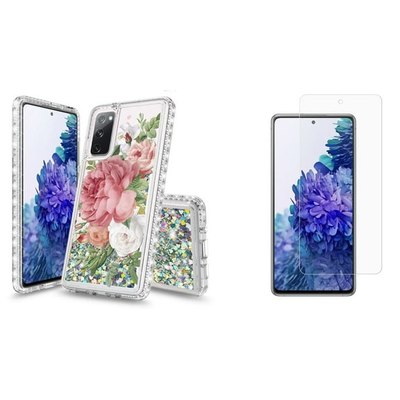 Bemz Liquid Quicksand Case for Samsung Galaxy S20 FE (with 2 Pack of Tempered Glass Screen Protectors and Touch Tool) - Peony Flower