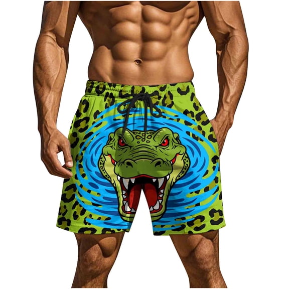 successthop Workout Shorts Men Big Men Animals Print Drawstring Knee Length Pant Elastic Waist Shorts with Pockets Green