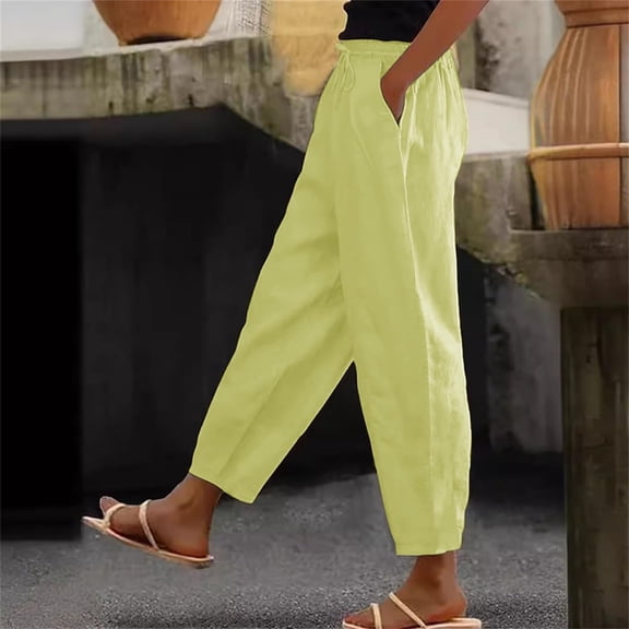 Cagogo Women Plus Size Relaxed Elastic Waist Trousers with Pockets Solid Casual Cropped Pants Travel Lounge Beach Work Bottoms, Yellow 5XL