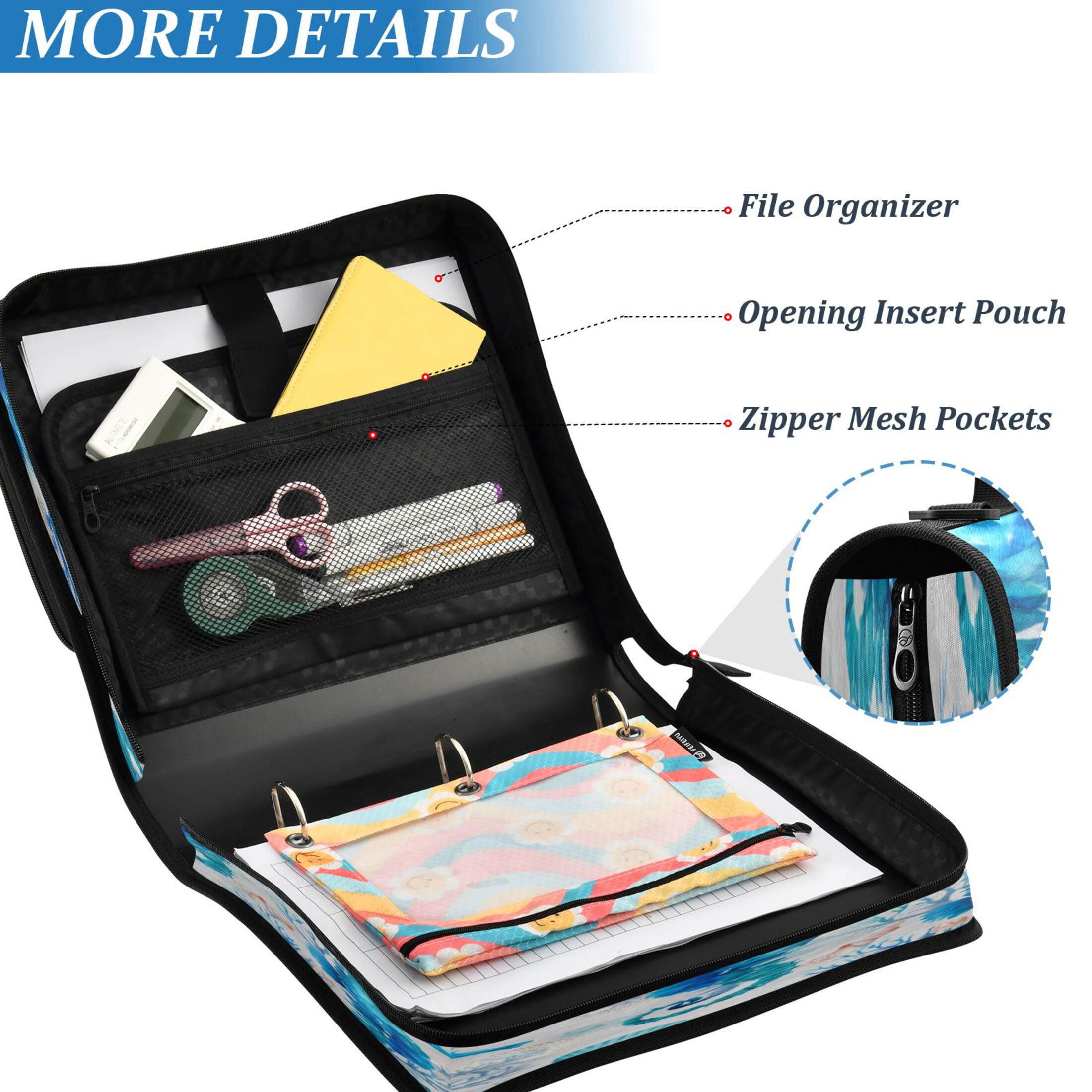 3 Ring Zipper Binder Stationery Organizer for Study Work Home Travel, All-Purpose File Folder Storage Bag for Daily Document Organization Watercolor Blue Seahorse Pattern