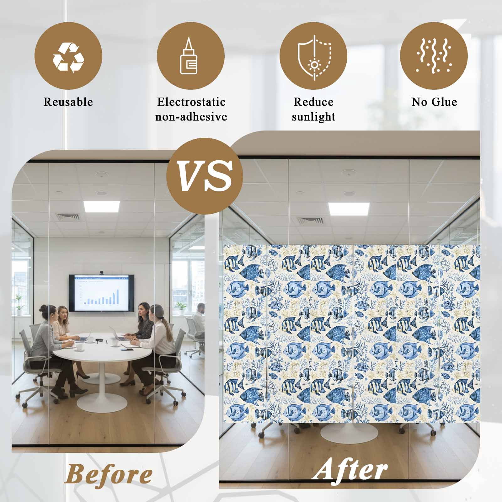 Tropical Marine Life Window Privacy Film, Watercolor Blue Fish Coral Frosted Glass Window Clings Static Cling UV Heat Blocking Reusable Door Sticker for Bathroom 23.6 x 59 Inch