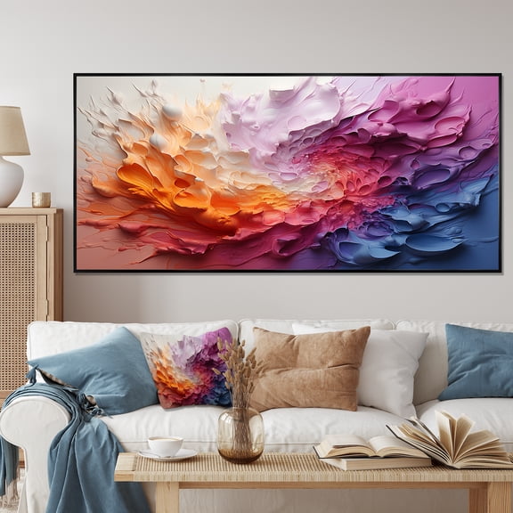 Designart "Rainbow Swirls in Colorful White I" Oversized Landscapes Framed Wall Art - Traditional White Rainbow Living Room Framed Canvas Art