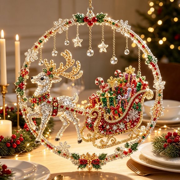 Christmas Sparkling Diamond Art Hanging Suncatcher Decoration, Crystal Clear Rhinestone Fairy Tale 3D Wall Hanging Sign for Front Door Window Indoor Outdoor Home Holiday Decor Ideal Xmas Gift