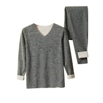 Riecok Thermal Set for Men Seamless V Neck Solid Color High Elasticity Keep Warml Thermal Underwear Sets Gray XXXL