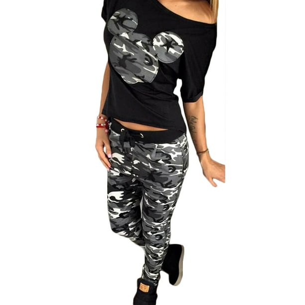 Lallc Women's 2Pcs Camo Tracksuits Jogging Sports Tops Elastic Pants