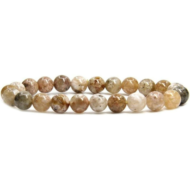 Bracelet Extensible en Perles Boule 8 mm en Agate Mousse Rose Gemme Semi-Précieuse 7 Pouces Unisexe