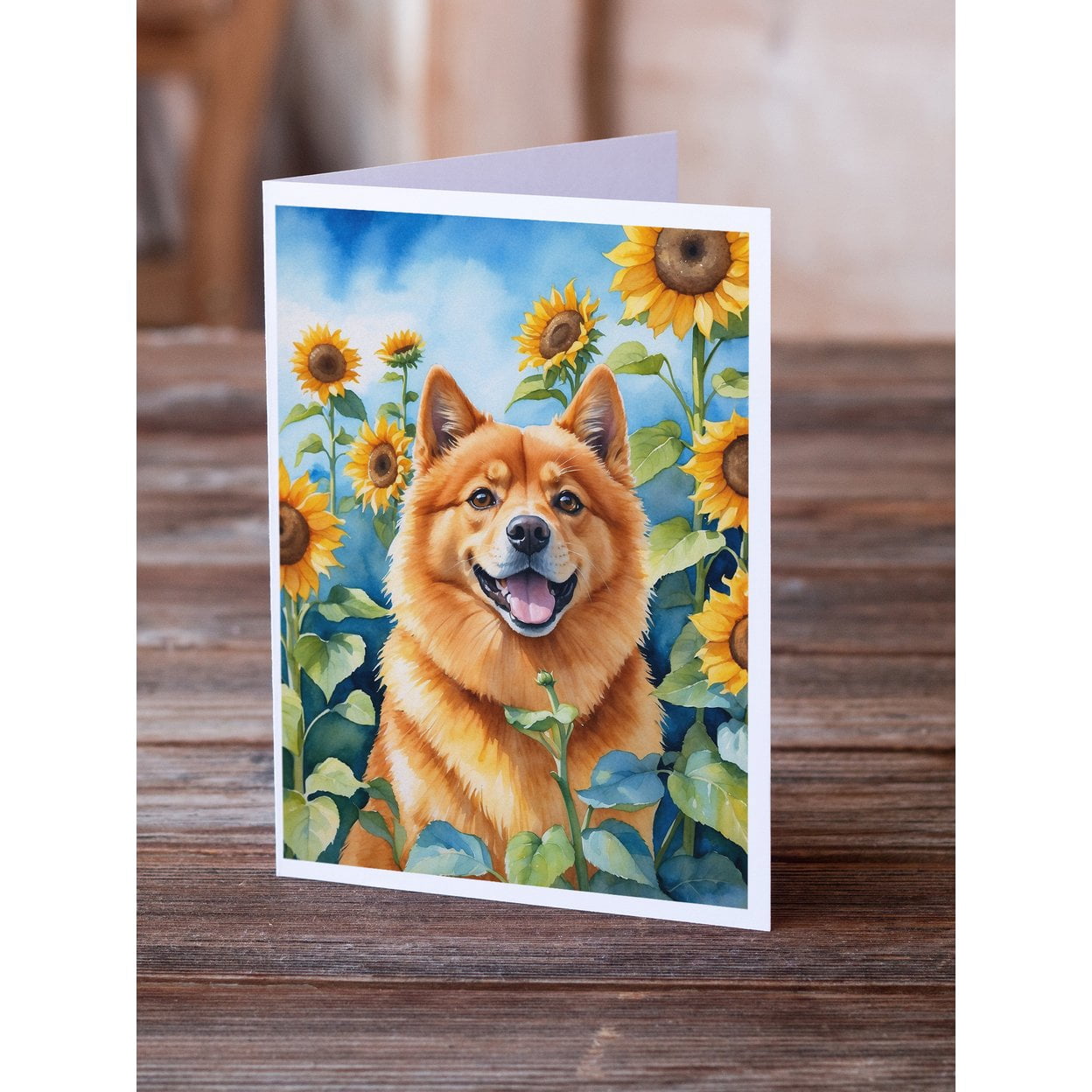 Finnish Spitz in Sunflowers Greeting Cards Pack of 8 7 in x 5 in