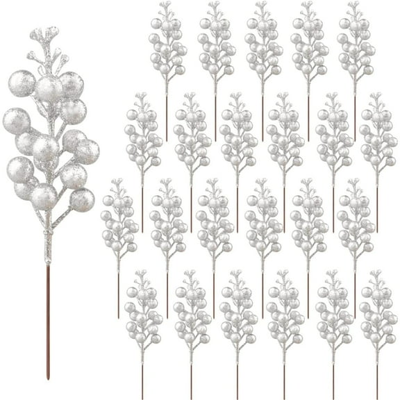 Christmas Glitter Berries Stems 20 Pcs Artificial Christmas Tree Picks Faux Christmas Ornaments Branches for Xmas Tree Ornaments, DIY Xmas Wreath, Crafts, Holiday and Home Decor (Silver)