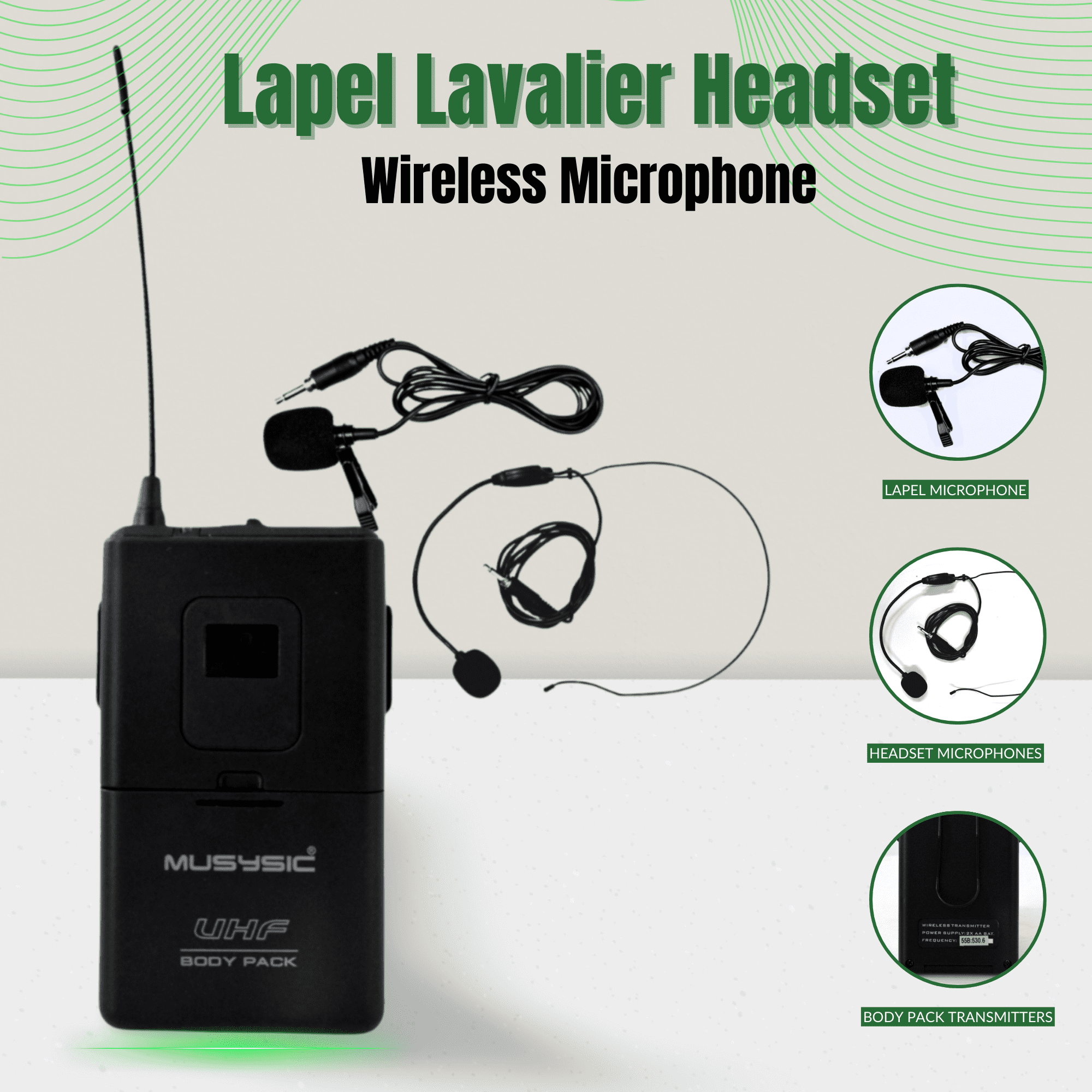 MUSYSIC MU‑U4‑HL Professional 4‑Channel UHF Wireless Microphone System – 2 Handheld + 2 Lavalier/Headset Mics, 480–580 MHz, 300 ft Range, Rackmount Receiver