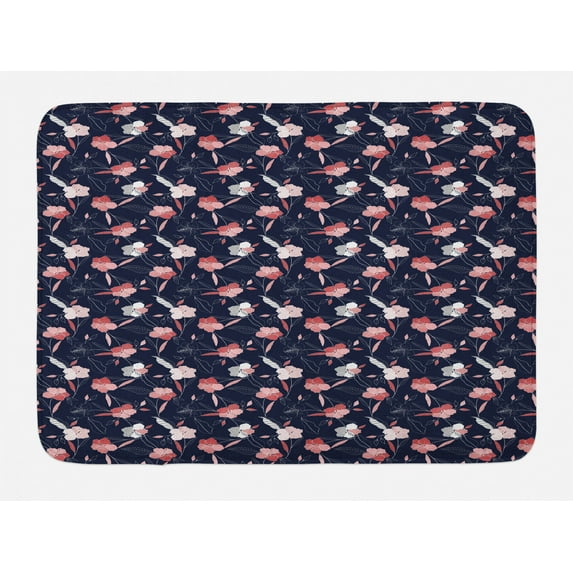 Floral Bath Mat, Abstract Style Modernistic Pattern with Delicate and Flowers, Plush Bathroom Decor Mat with Non Slip Backing, 29.5" X 17.5", Indigo Pale Ruby, by Ambesonne