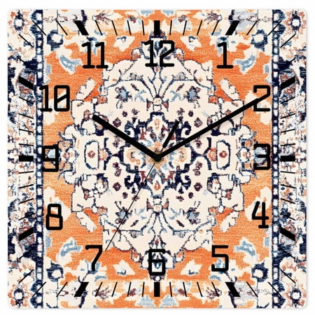 Orange Boho Wooden Wall Clock Silent Non Ticking Vintage Ethnic Tribe Abstract Art Square Wall Clocks Battery Operated Decor Clock for Home Office Living Room Kitchen 10 Inch