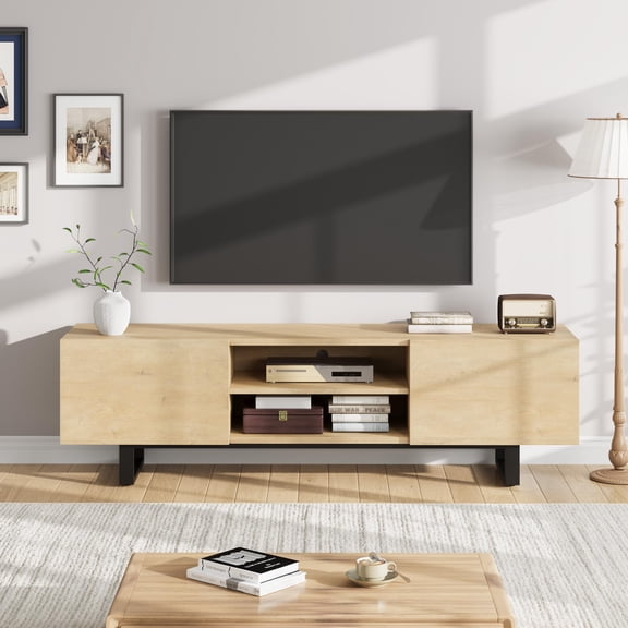 70" Mid-Century Modern TV Stand for 65-80 Inch TVs, Media Console with 2 Drawers, Cabinet & Shelves