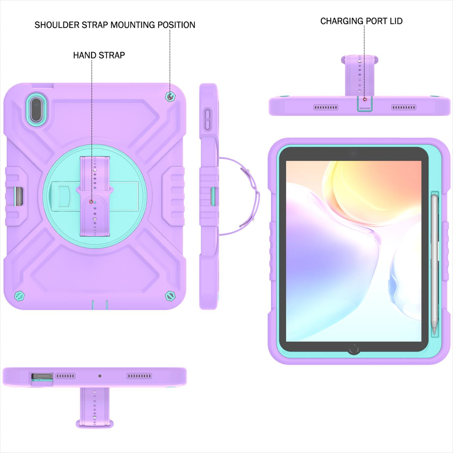 Case for iPad 11th Generation 2025 11-inch/10th Generation 2022 10.9-inch, Heavy Duty Military Grade Shockproof Rugged Protective Cover with Built-in Stand/Pencil Holder Shoulder Strap, Purple Green