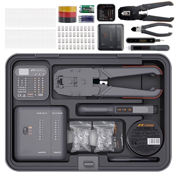 13 PCS Voltage Outlet Tester Multimeter Accessories Storage with Ethernet Crimper, Diagonal Cutting Pliers, Cable Tester and Tool Case