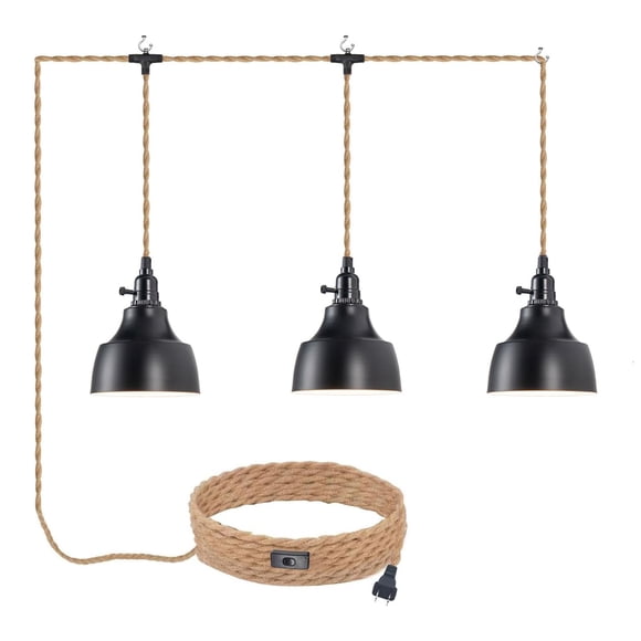 ALAISLYC 3 Light Plug in Pendant Light Cord 22FT Industrial Farmhouse Hanging Lamp with Twisted Hemp Rope Independent Triple Swit
