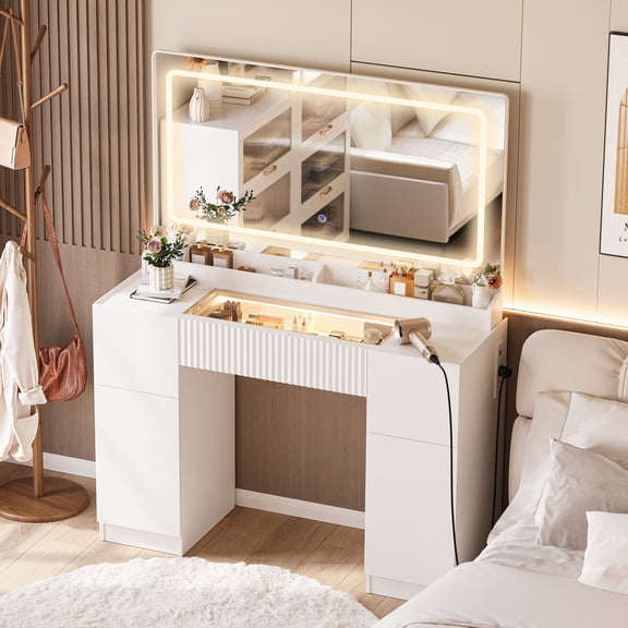 44" Vanity Desk with Mirror and Lights, Glass top Makeup Table with Fluted Storage Drawer, Cabinet,3 LED Lights Modes, Power Outlet for Bedroom